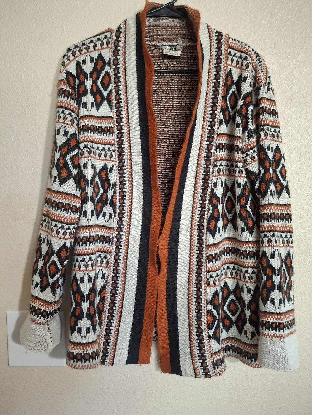Vintage ADES Cozy Aztec Open Cardigan in Cream, Rust & Black